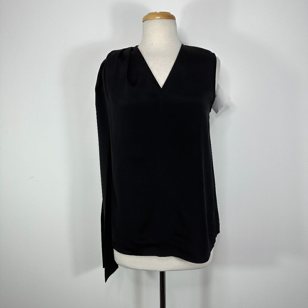 NWT St. John Silk Sleeveless Removable Tie Neck Tank Blouse Black V Neck Size S